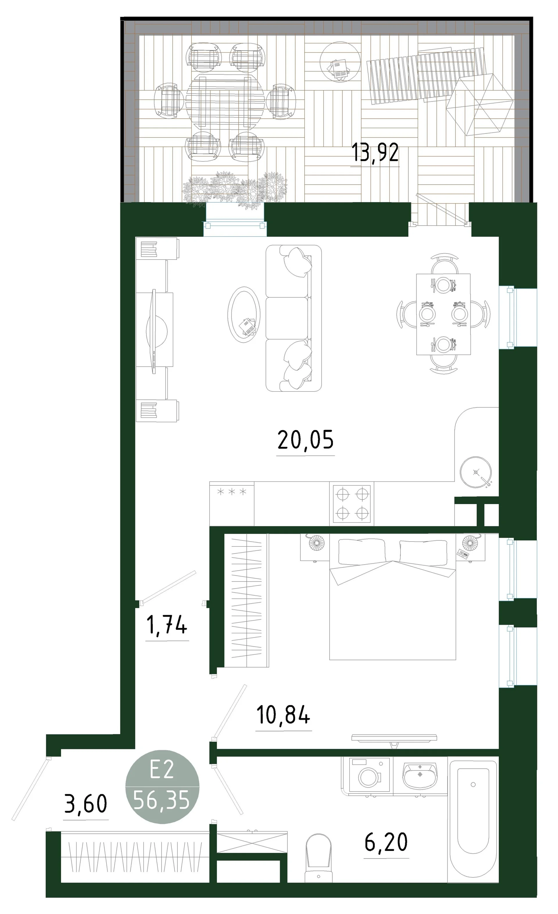 Планировка Квартира с одной спальней и гостиной 20 м² (Евро-2)