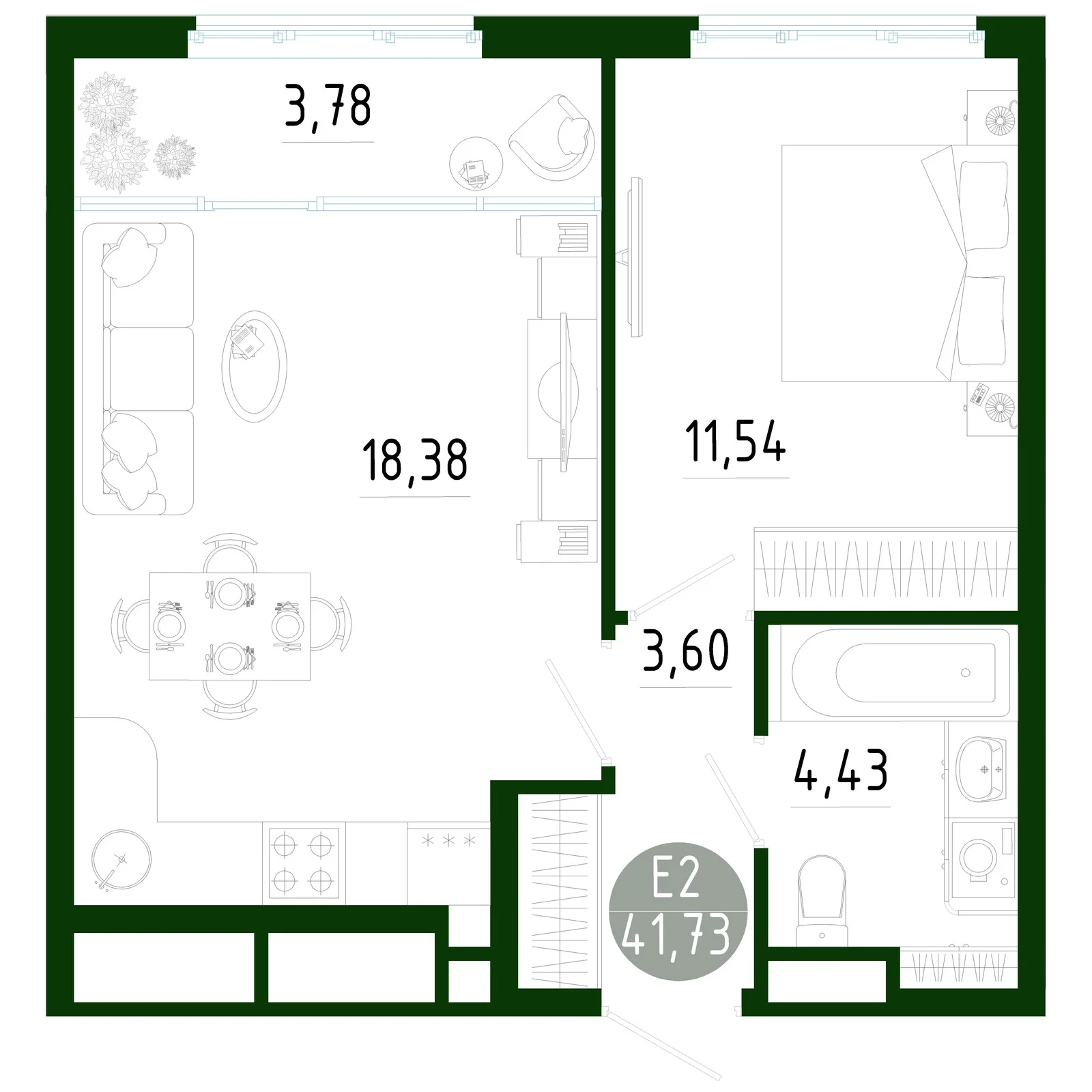 Планировка Квартира с одной спальней и гостиной 22 м² (Евро-2)