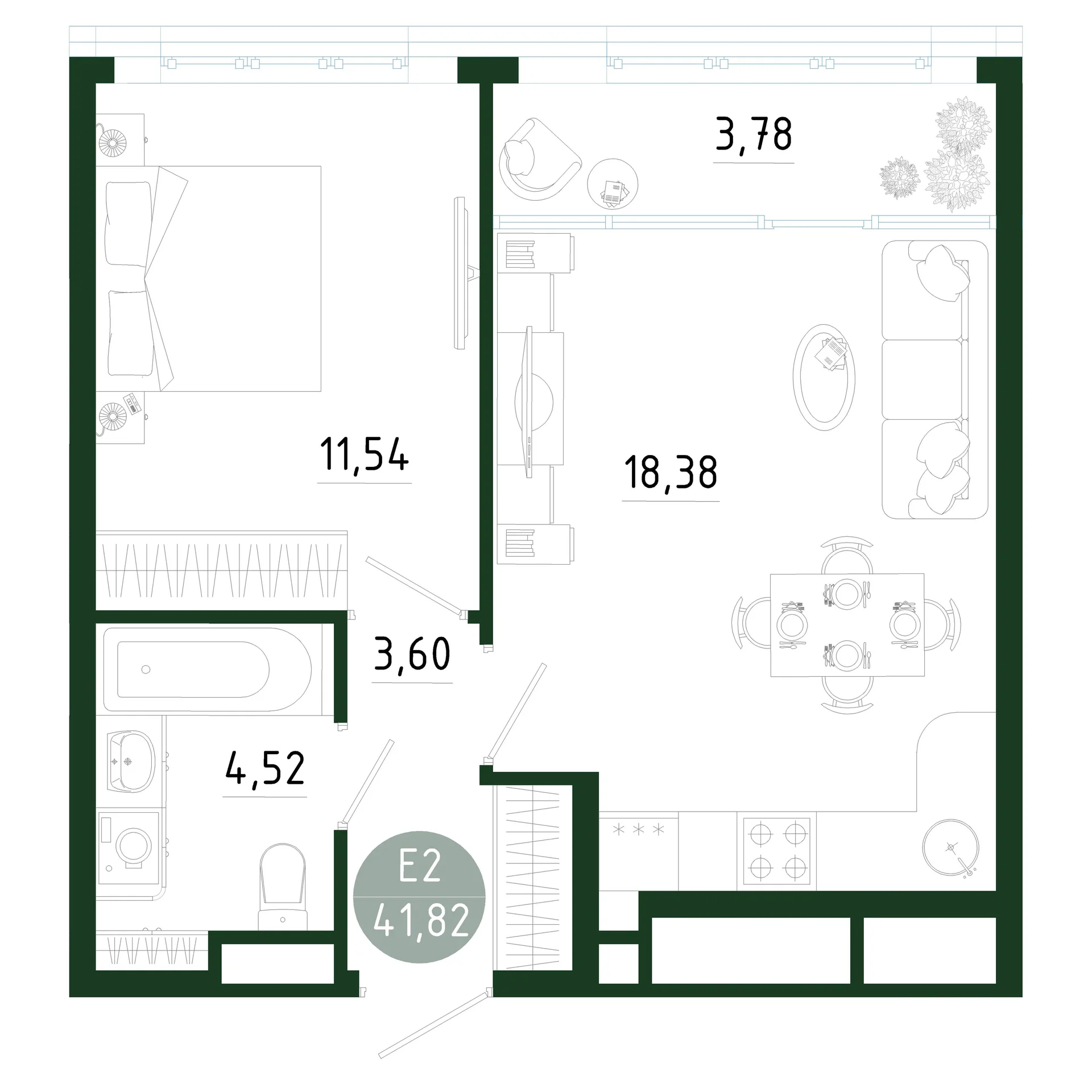 Планировка Квартира с одной спальней и гостиной 22 м² (Евро-2)