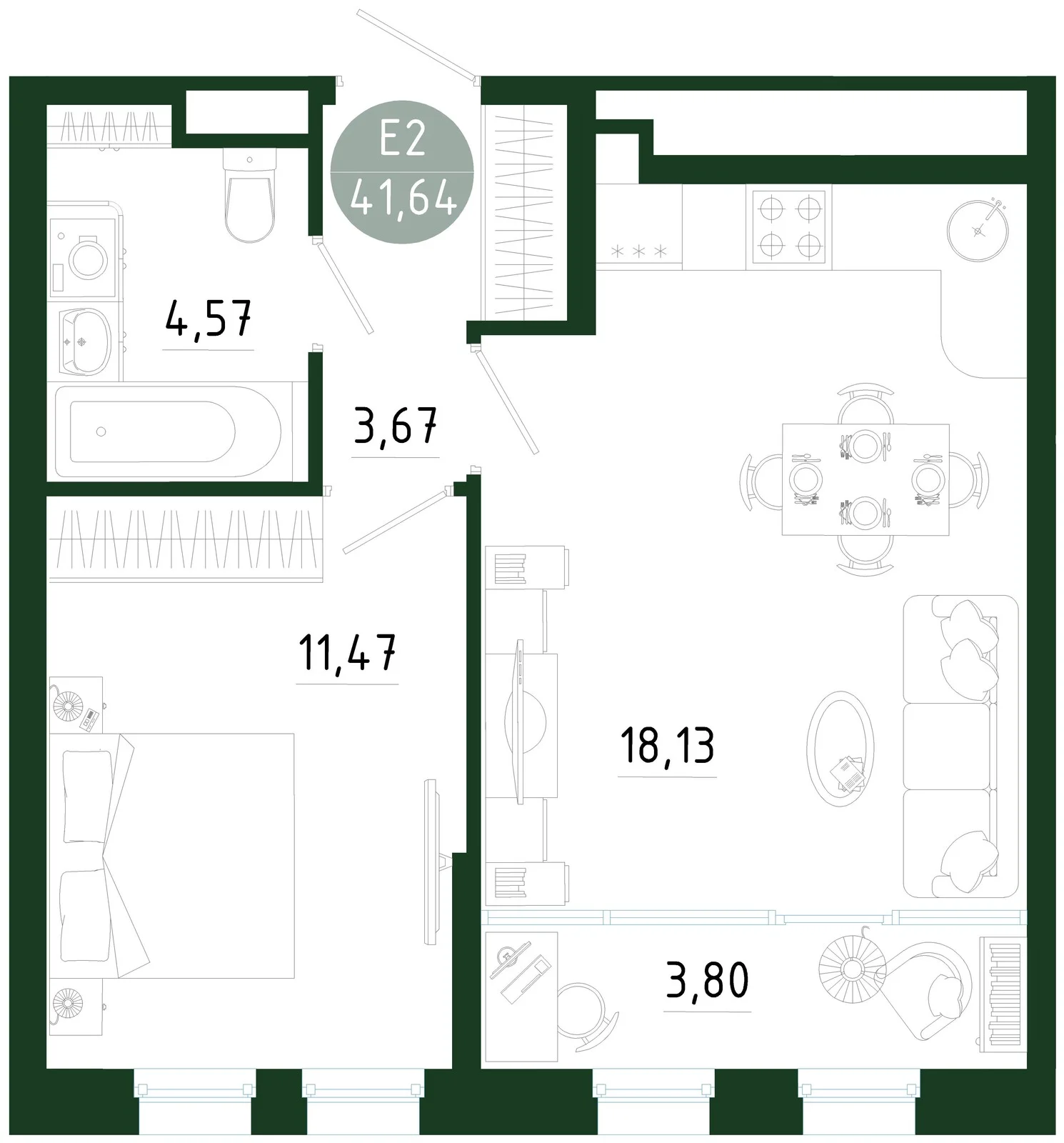 Планировка Квартира с одной спальней и гостиной 22 м² (Евро-2)