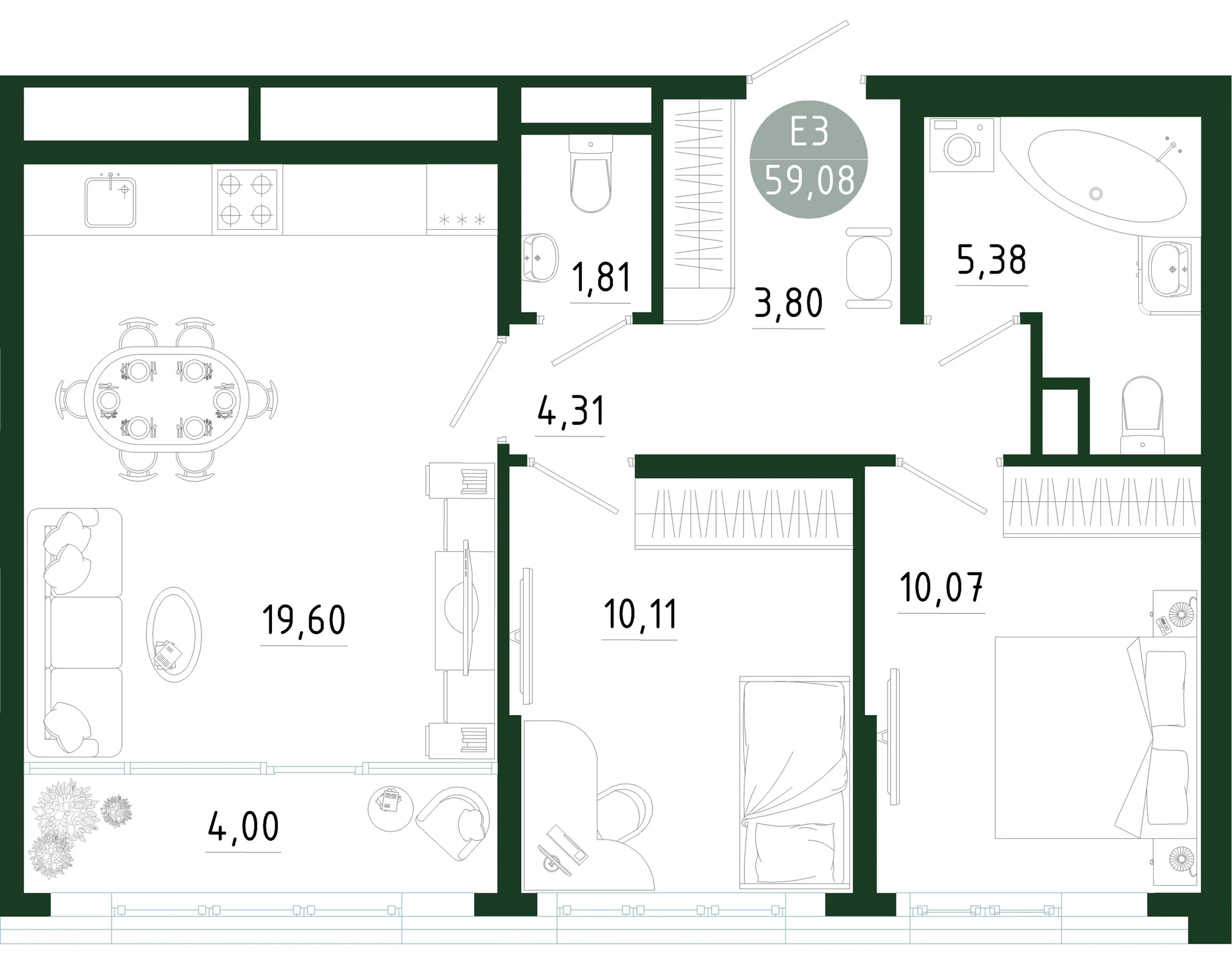 Планировка Квартира с двумя спальнями и гостиной 24 м² (Евро-3)
