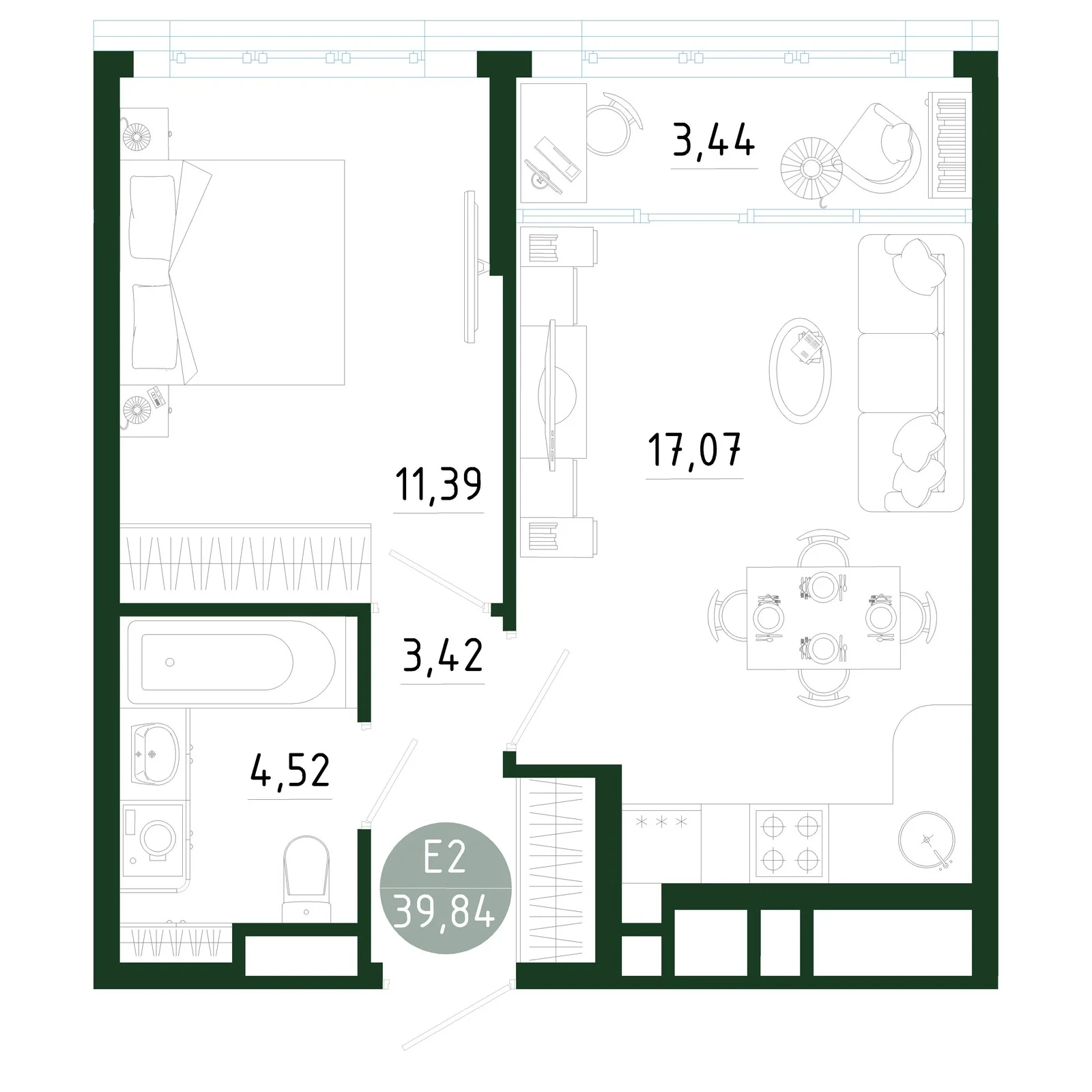 Планировка Квартира с одной спальней и гостиной 21 м² (Евро-2)