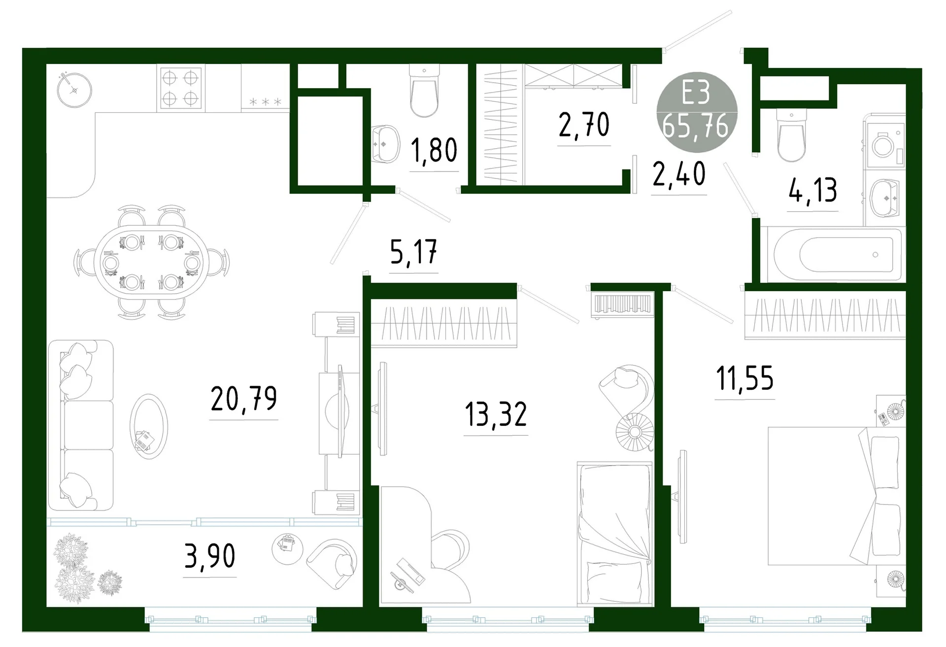 Планировка Квартира с двумя спальнями и гостиной 25 м² (Евро-3)