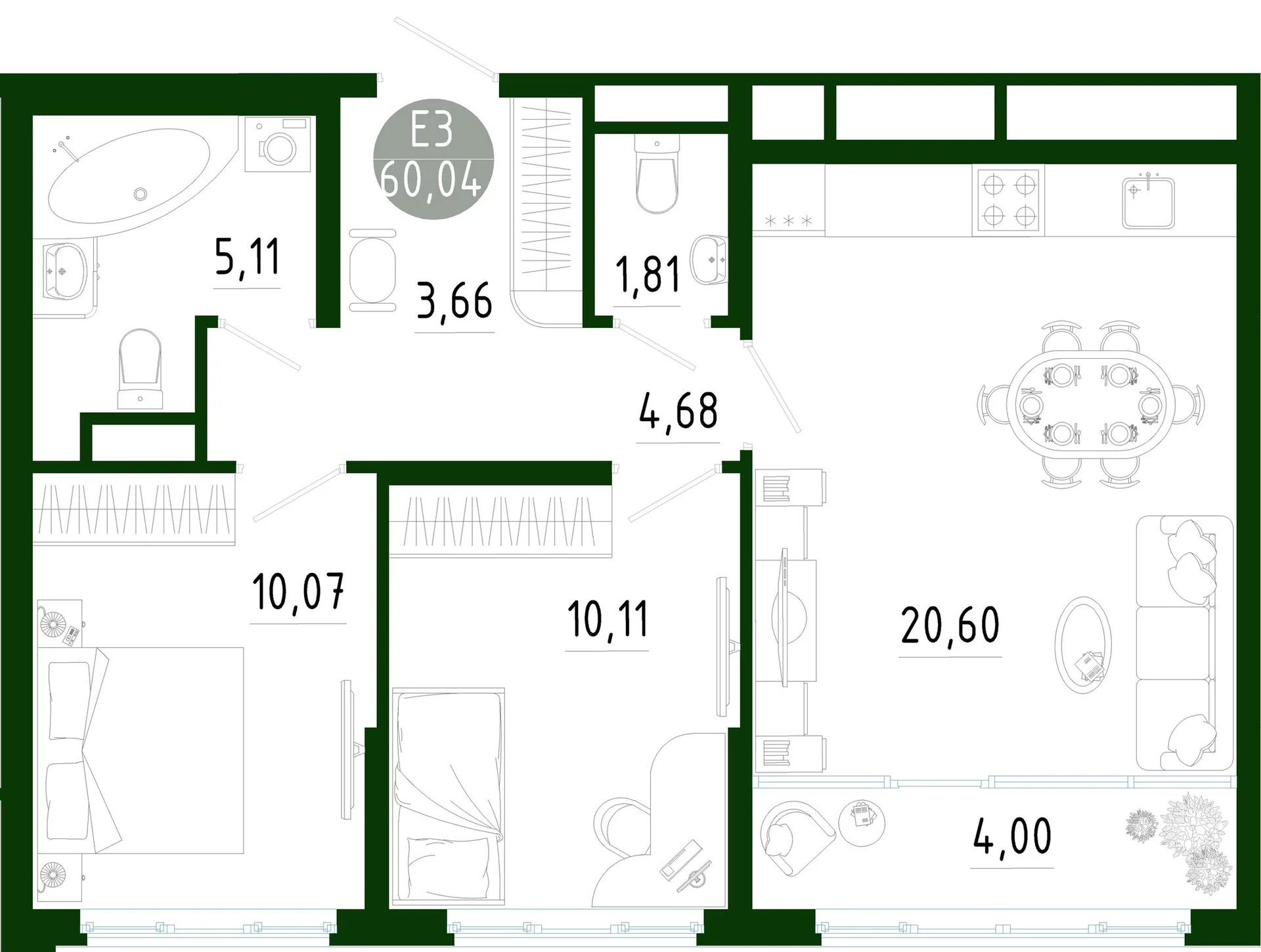 Планировка Квартира с двумя спальнями и гостиной 25 м² (Евро-3)