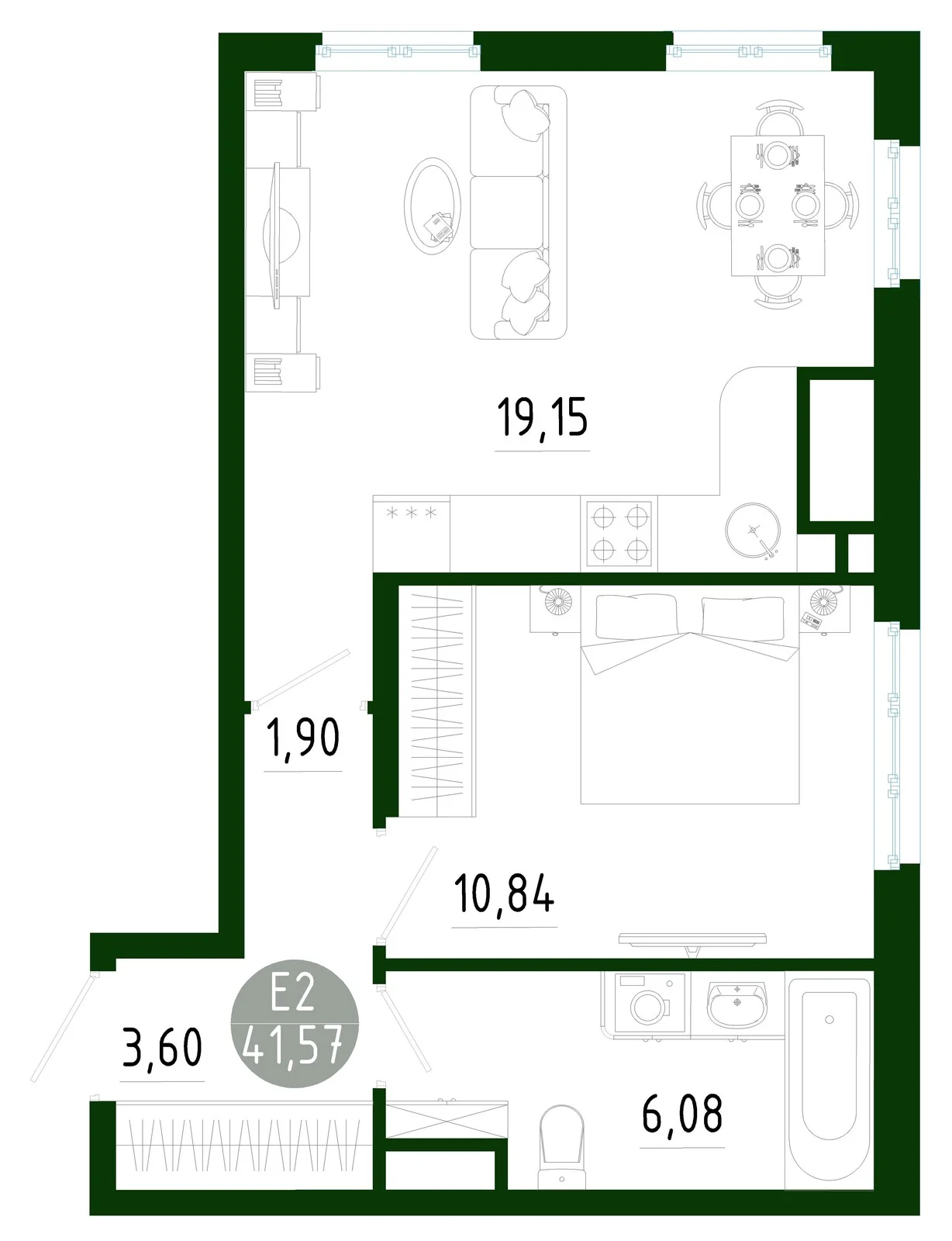 Планировка Квартира с одной спальней и гостиной 19 м² (Евро-2)