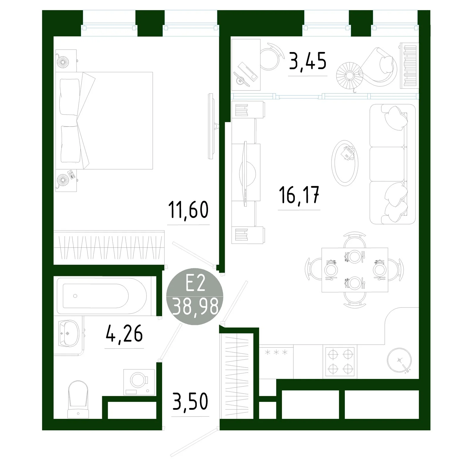 Планировка Квартира с одной спальней и гостиной 20 м² (Евро-2)
