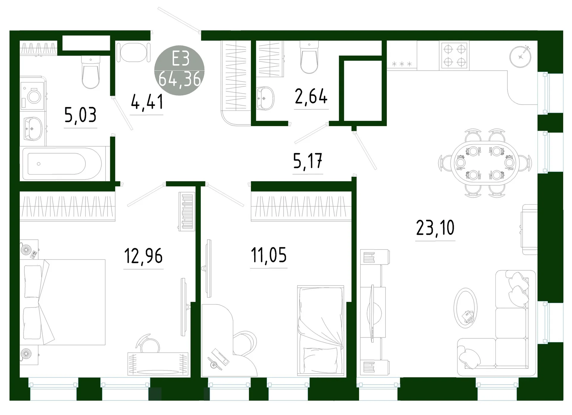 Планировка Квартира с двумя спальнями и гостиной 23 м² (Евро-3)