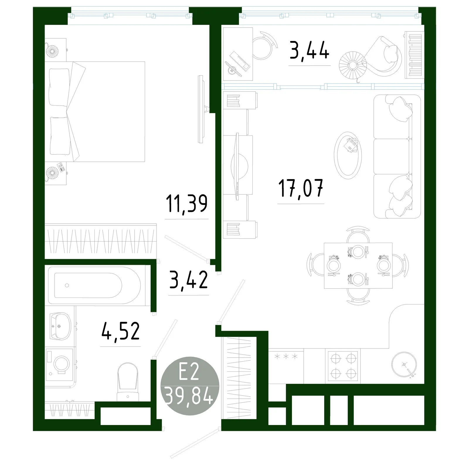 Планировка Квартира с одной спальней и гостиной 21 м² (Евро-2)