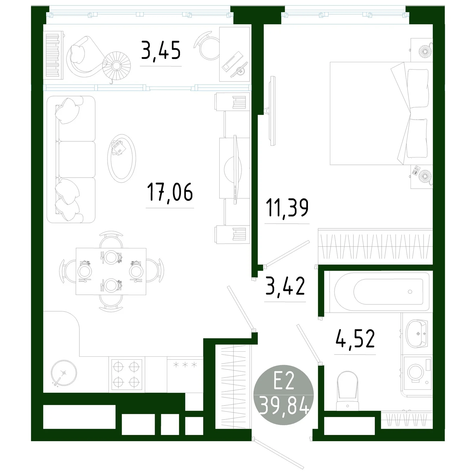 Планировка Квартира с одной спальней и гостиной 21 м² (Евро-2)