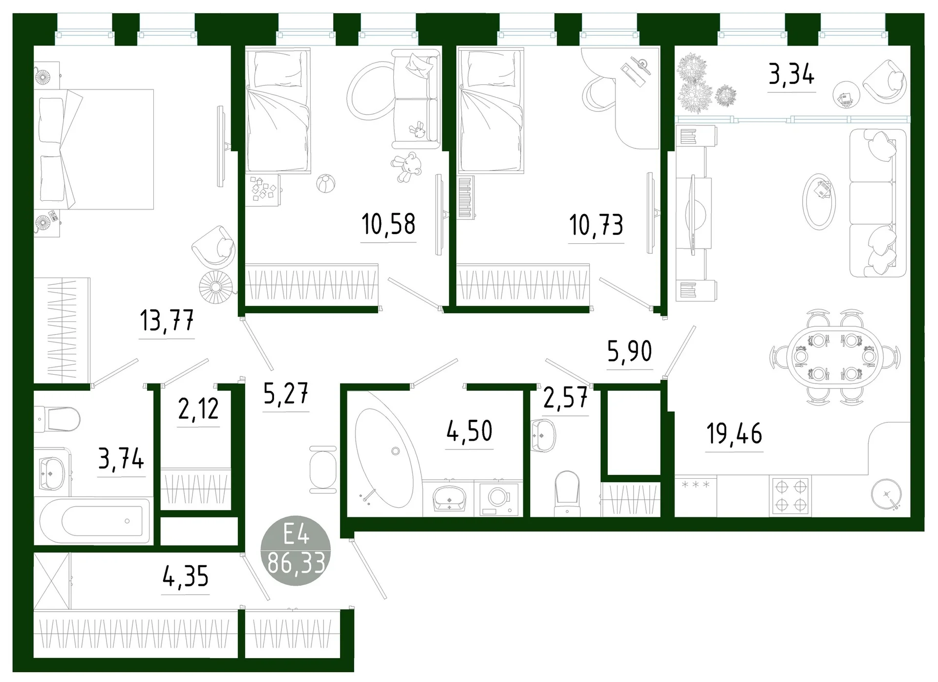 Планировка Квартира с тремя спальнями и гостиной 23 м² (Евро-4)