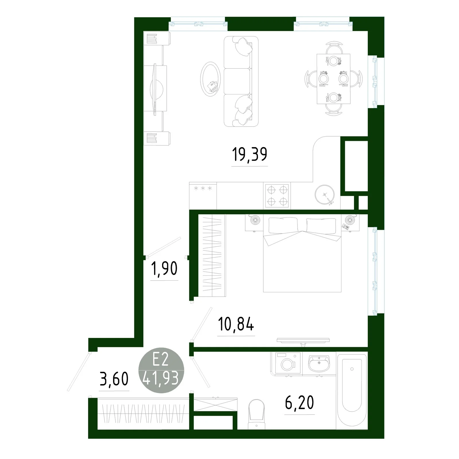 Планировка Квартира с одной спальней и гостиной 19 м² (Евро-2)