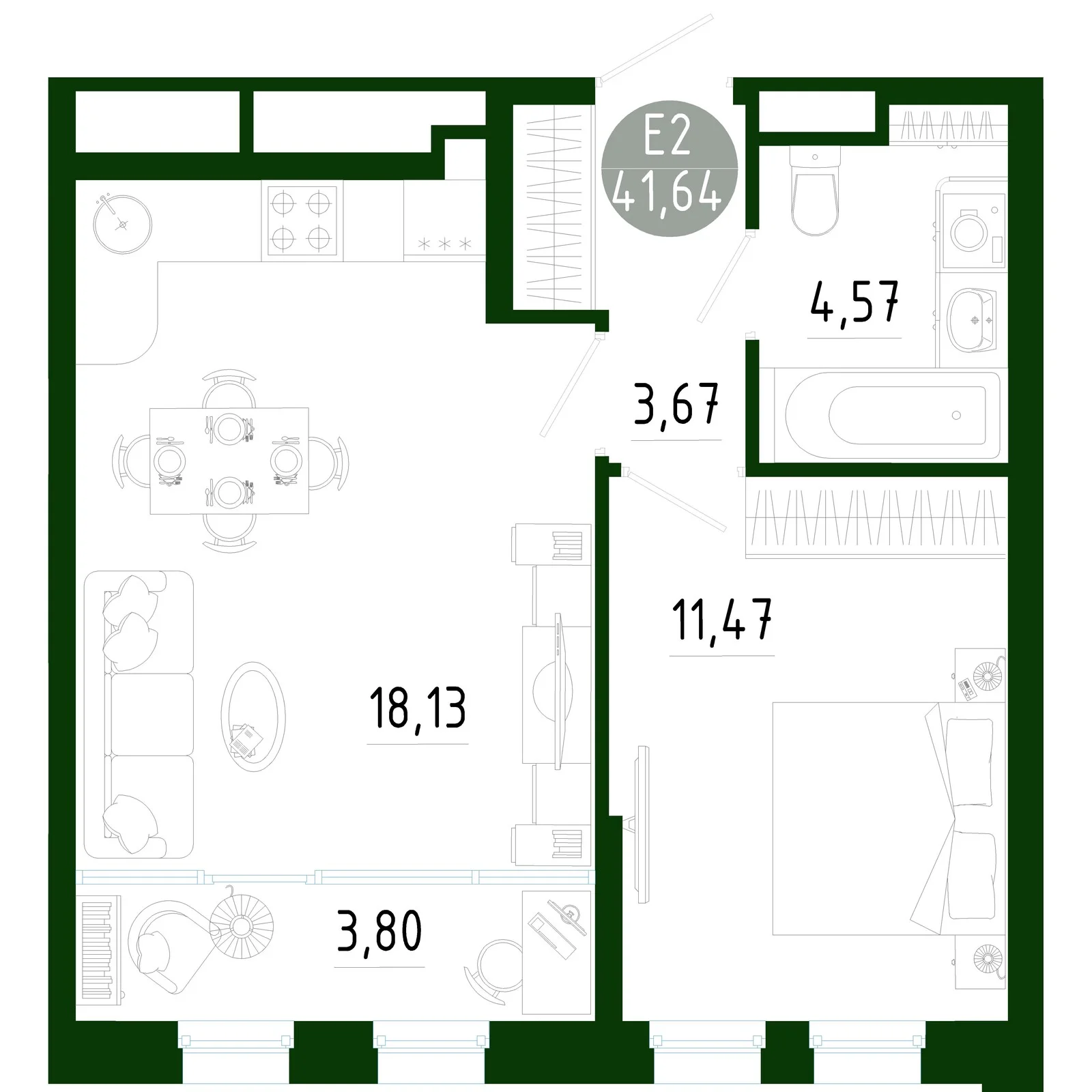 Планировка Квартира с одной спальней и гостиной 22 м² (Евро-2)