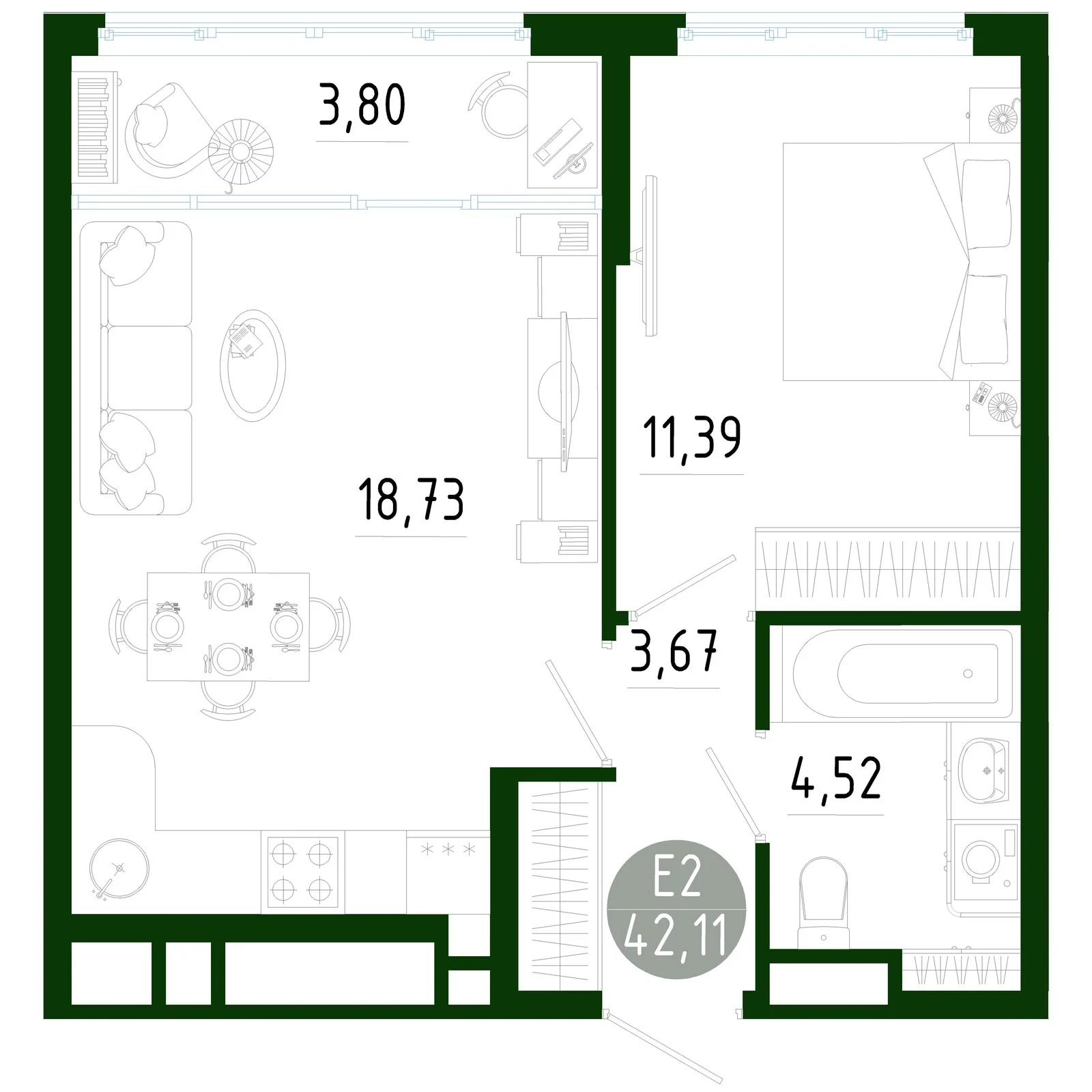 Планировка Квартира с одной спальней и гостиной 23 м² (Евро-2)