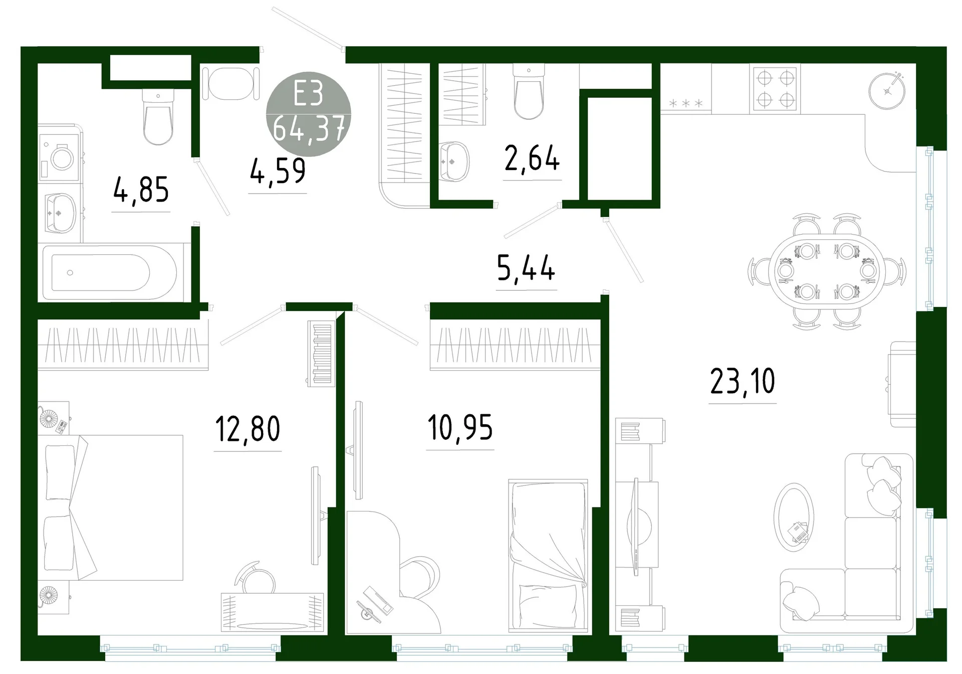 Планировка Квартира с двумя спальнями и гостиной 23 м² (Евро-3)