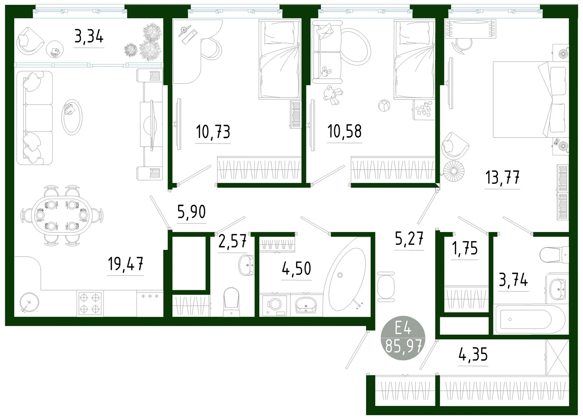 Планировка Квартира с тремя спальнями и гостиной 23 м² (Евро-4)