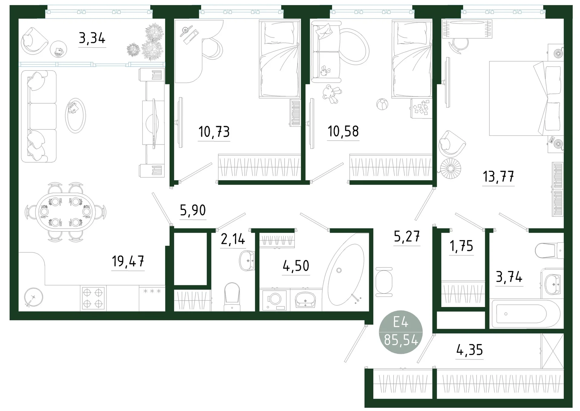 Планировка Квартира с тремя спальнями и гостиной 23 м² (Евро-4)