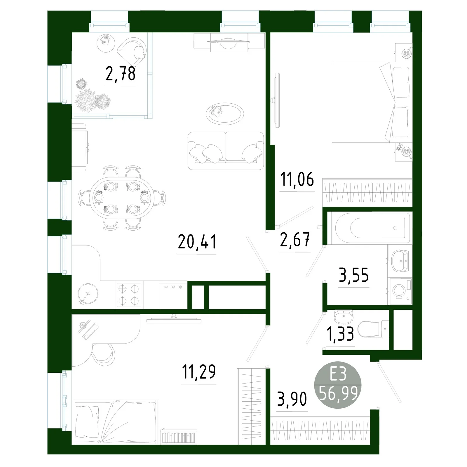 Планировка Квартира с двумя спальнями и гостиной 23 м² (Евро-3)