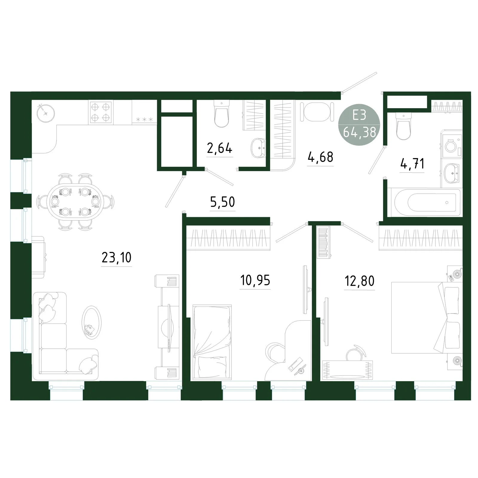 Планировка Квартира с двумя спальнями и гостиной 23 м² (Евро-3)