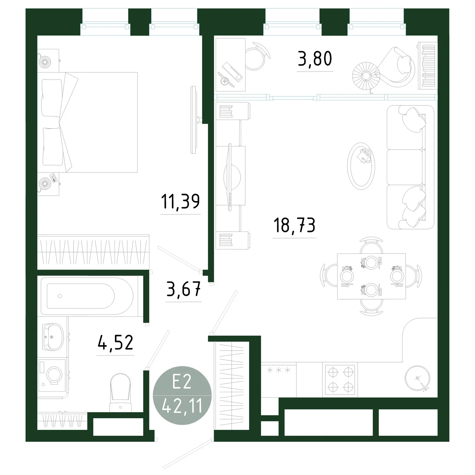 Планировка Квартира с одной спальней и гостиной 23 м² (Евро-2)