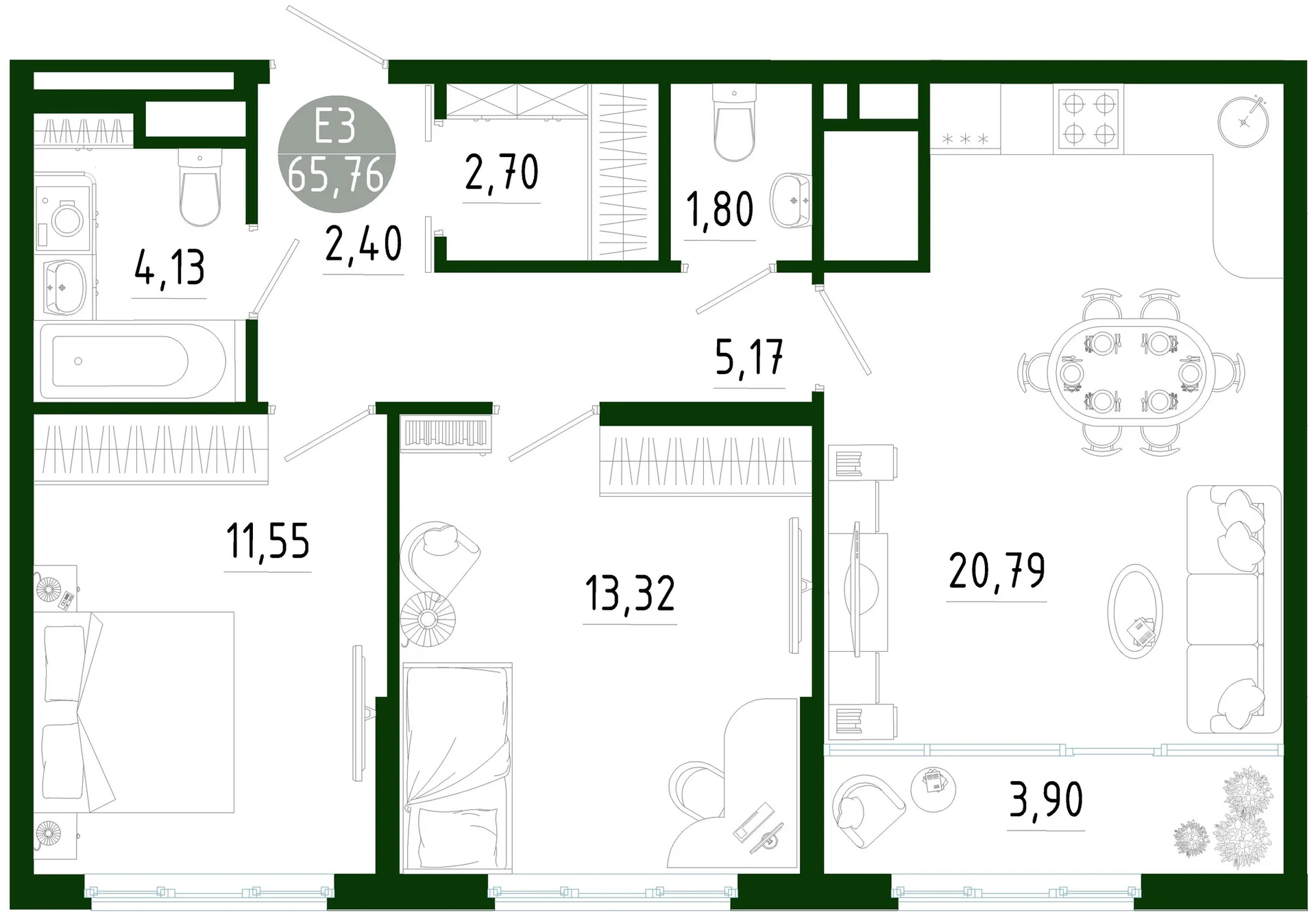 Планировка Квартира с двумя спальнями и гостиной 25 м² (Евро-3)