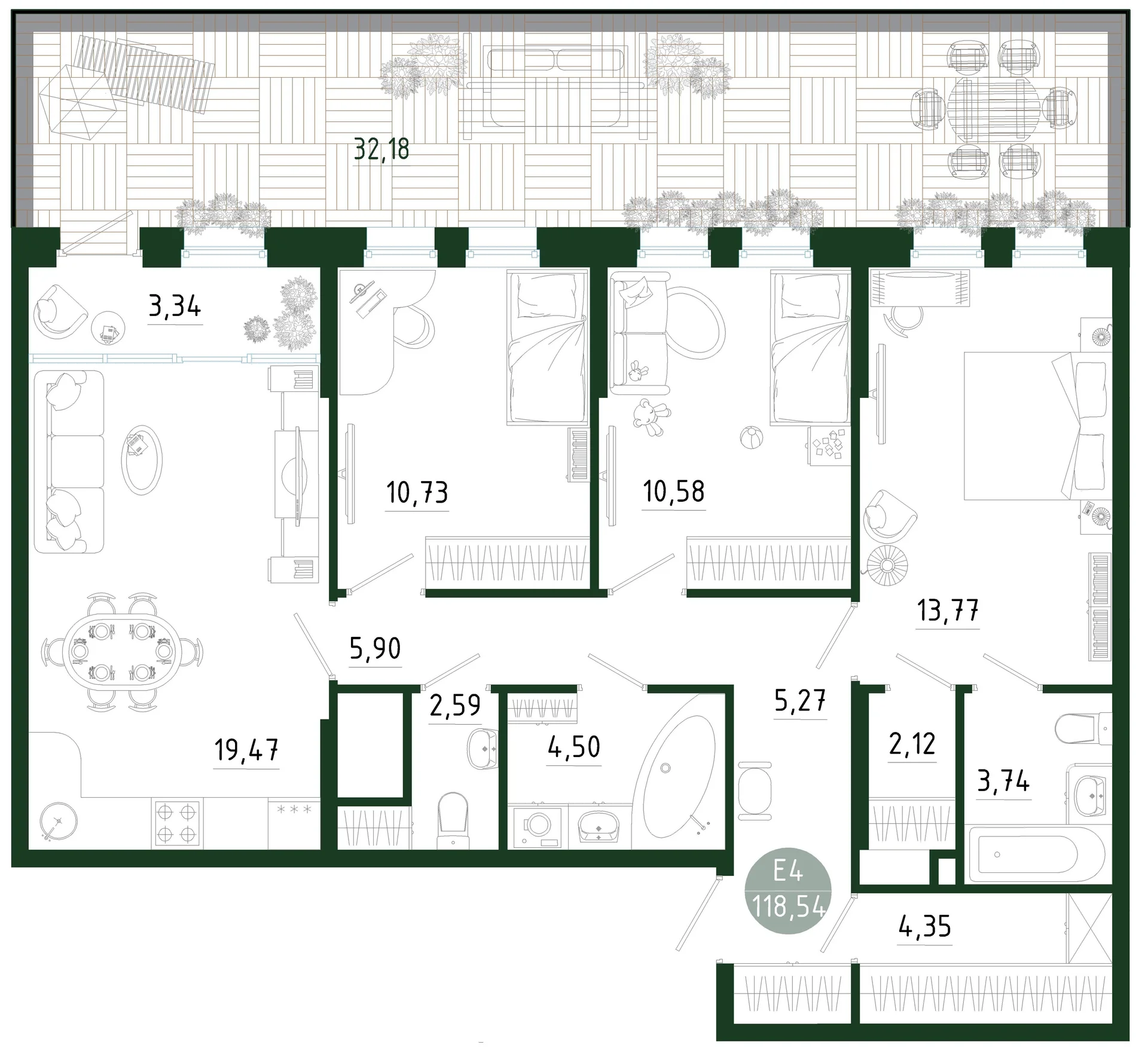 Планировка Квартира с тремя спальнями и гостиной 23 м² (Евро-4)