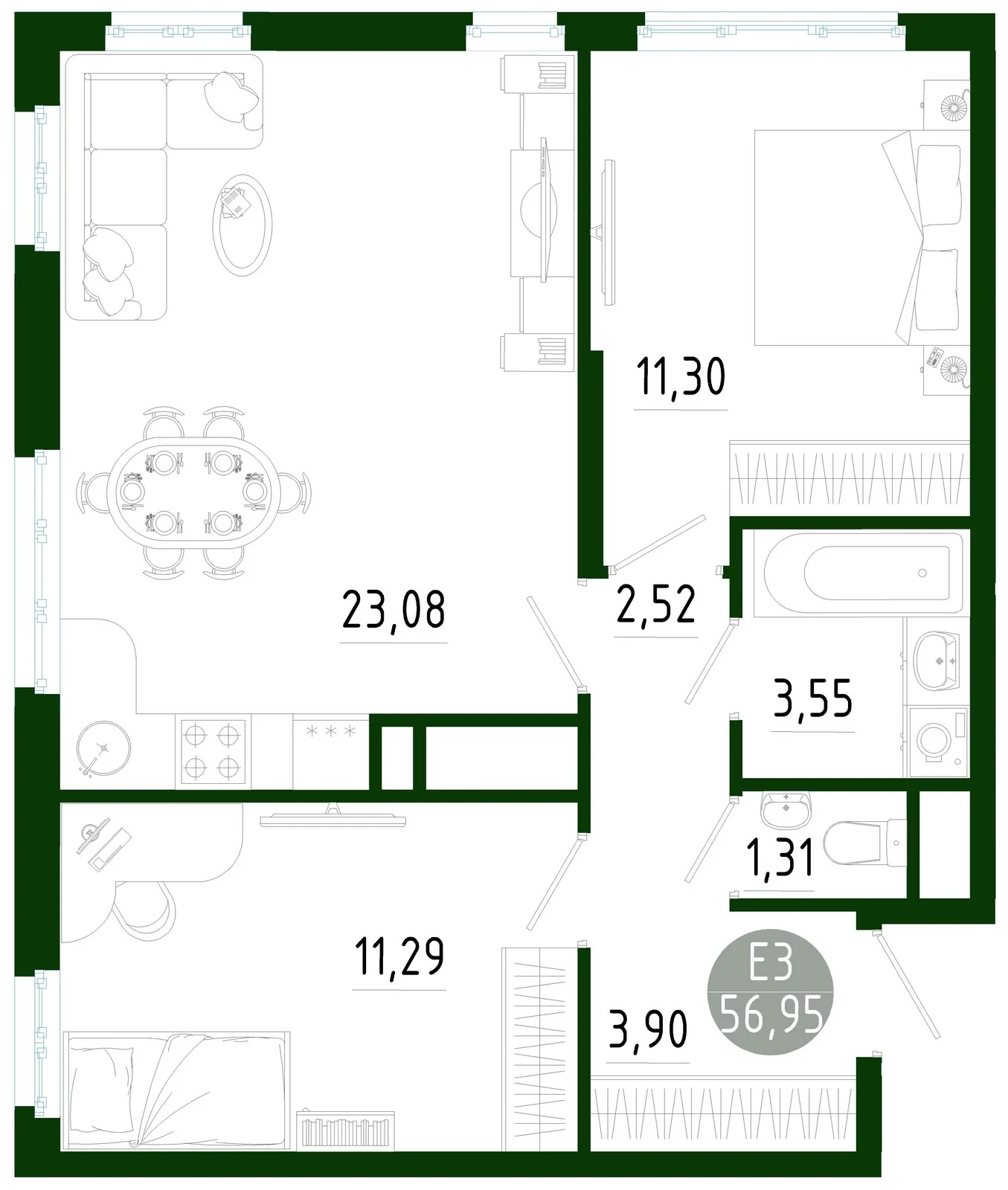 Планировка Квартира с двумя спальнями и гостиной 23 м² (Евро-3)