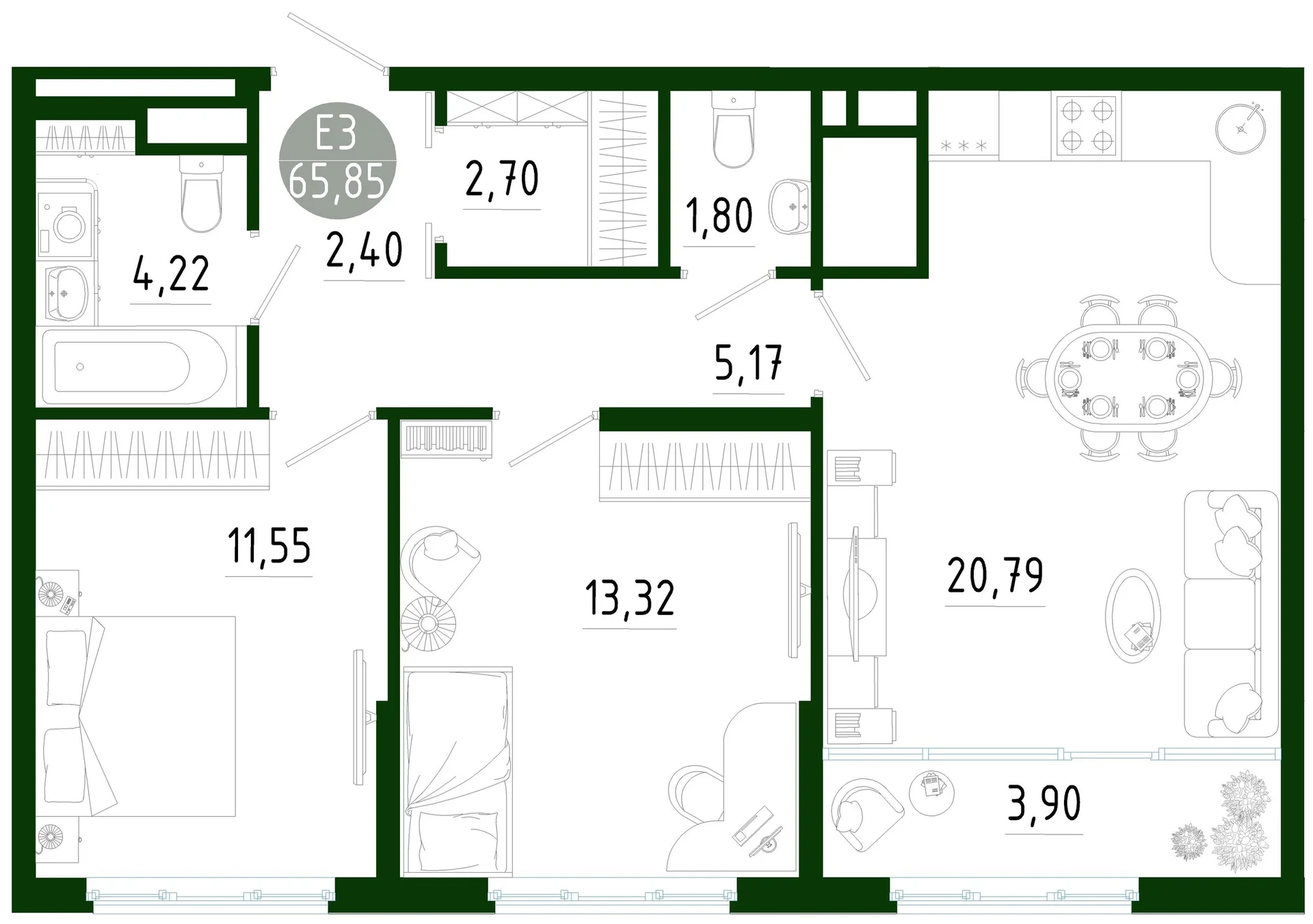 Планировка Квартира с двумя спальнями и гостиной 25 м² (Евро-3)