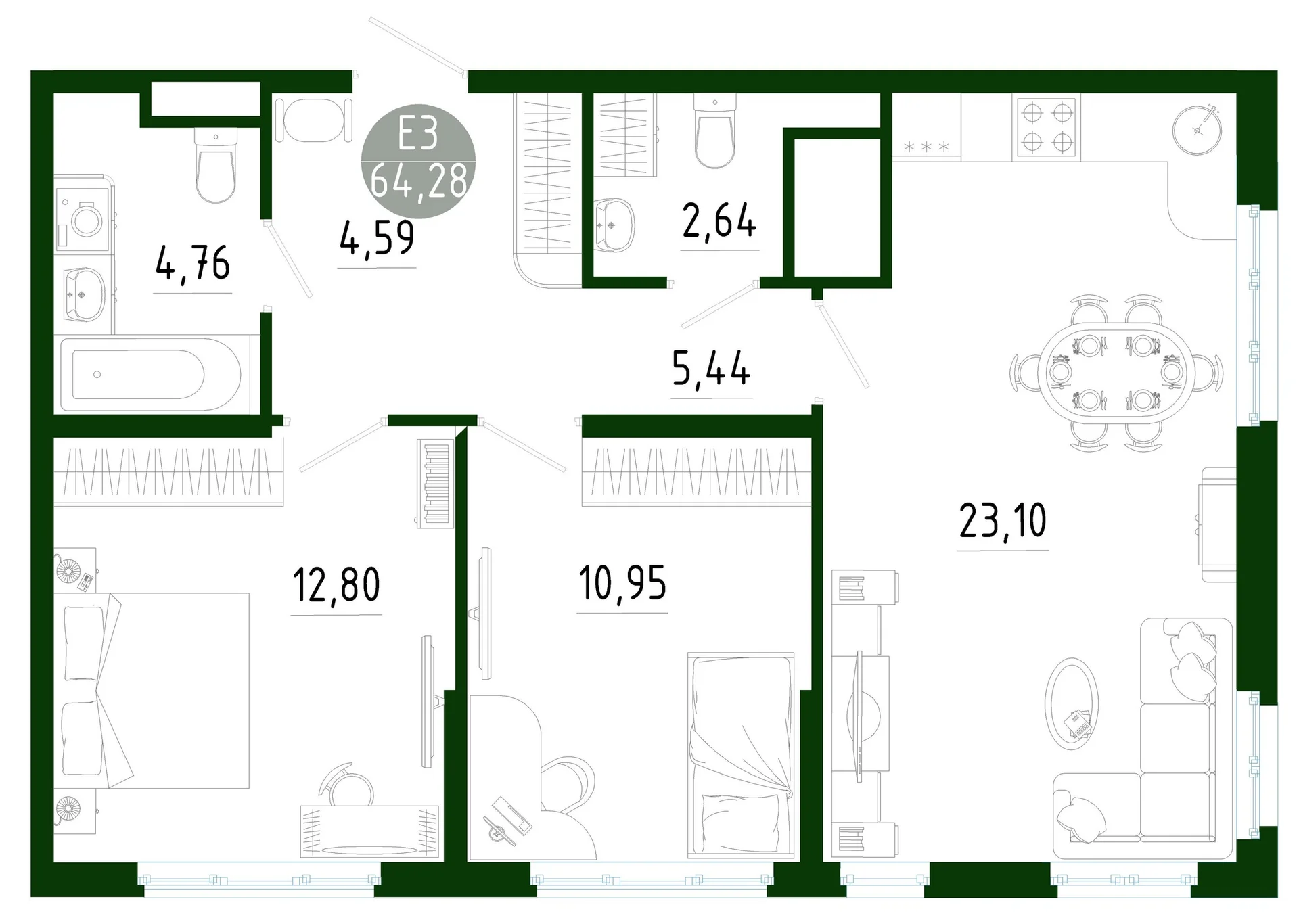 Планировка Квартира с двумя спальнями и гостиной 23 м² (Евро-3)
