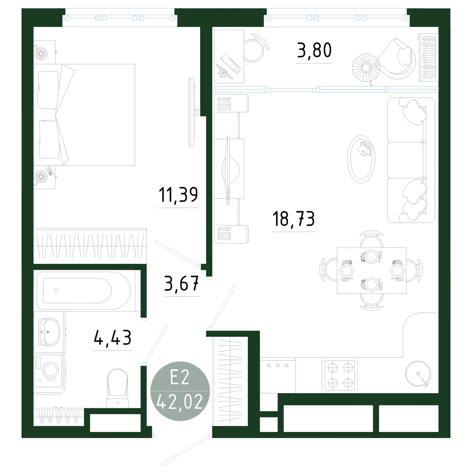 Планировка Квартира с одной спальней и гостиной 23 м² (Евро-2)