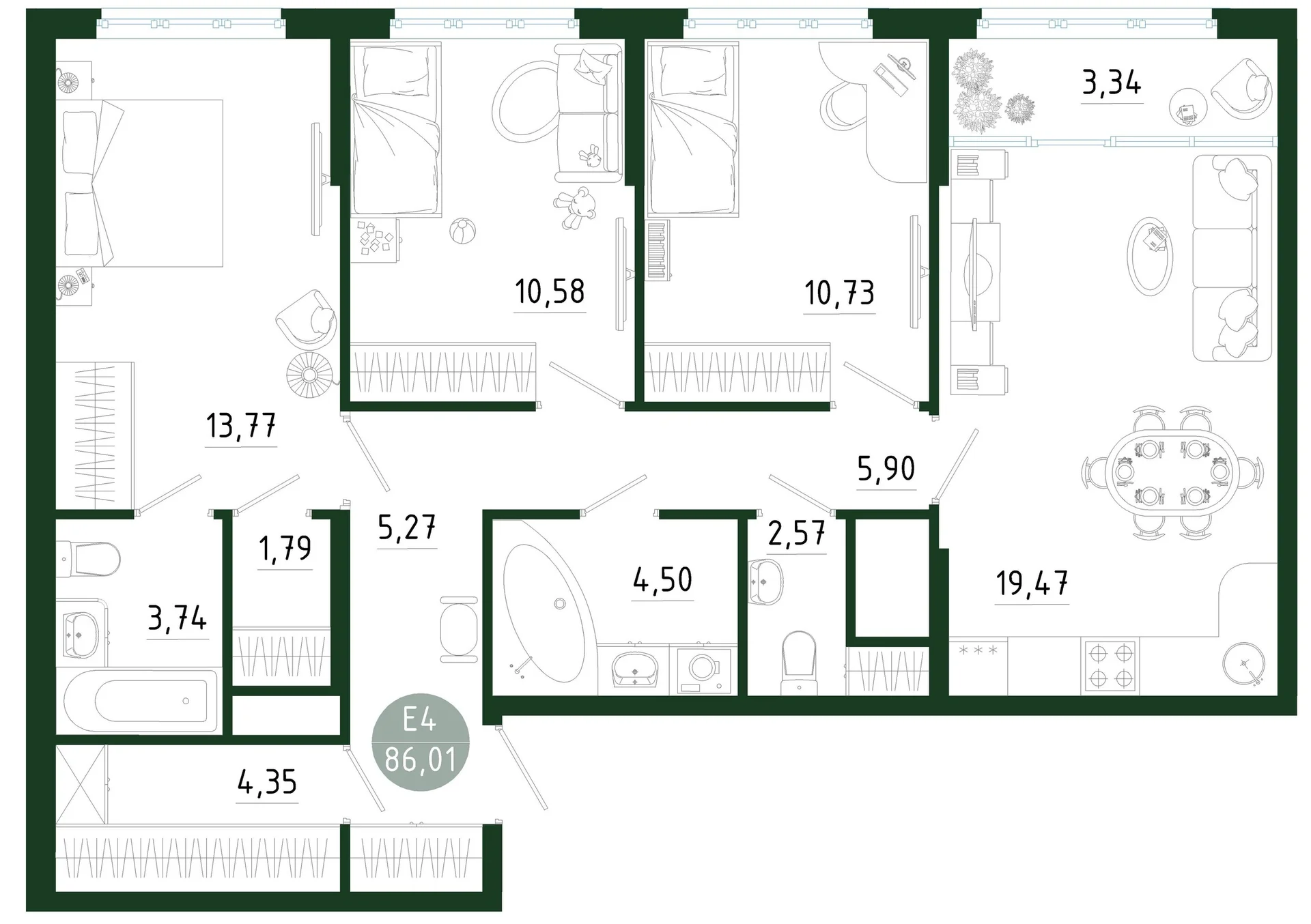 Планировка Квартира с тремя спальнями и гостиной 23 м² (Евро-4)