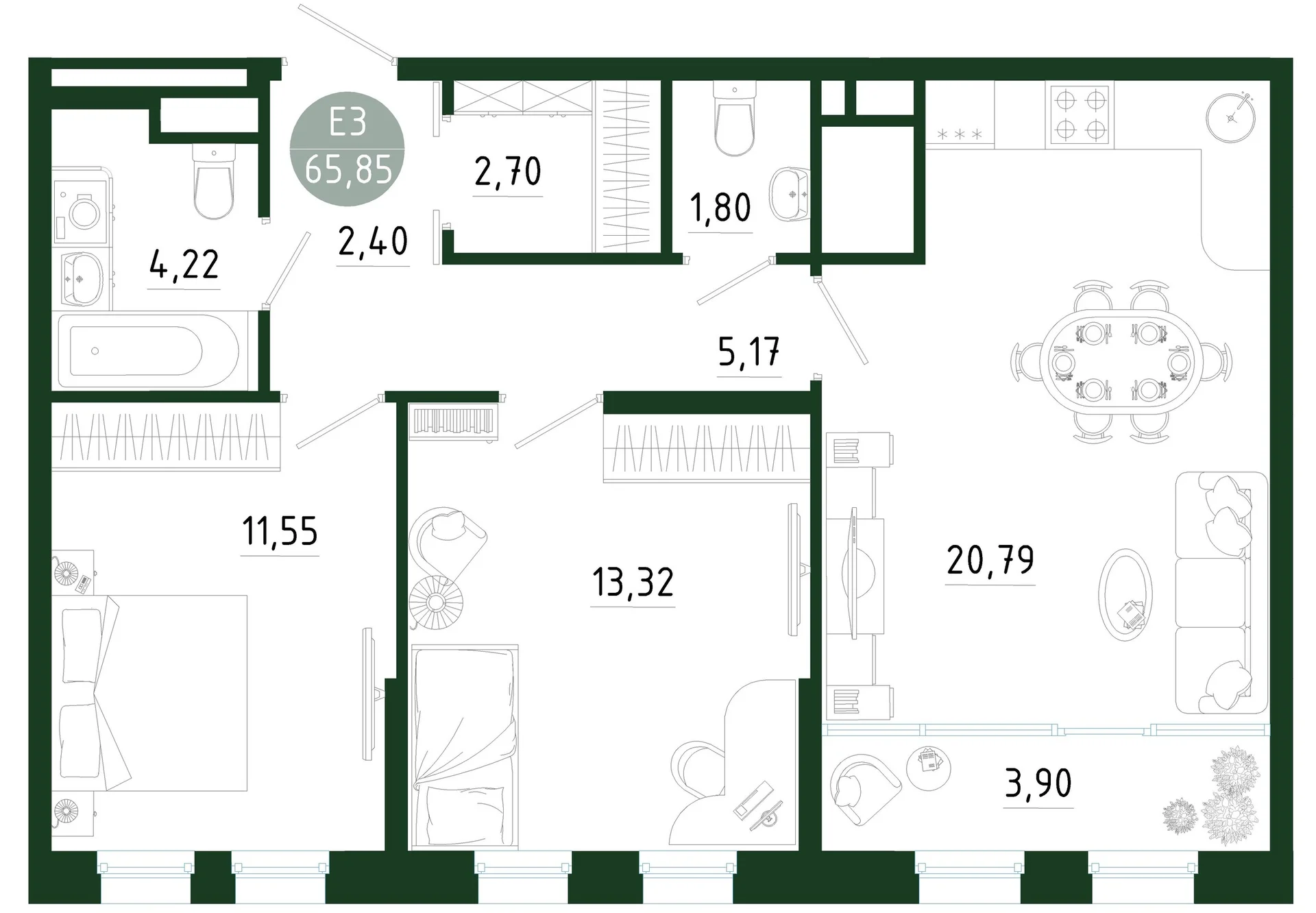 Планировка Квартира с двумя спальнями и гостиной 25 м² (Евро-3)