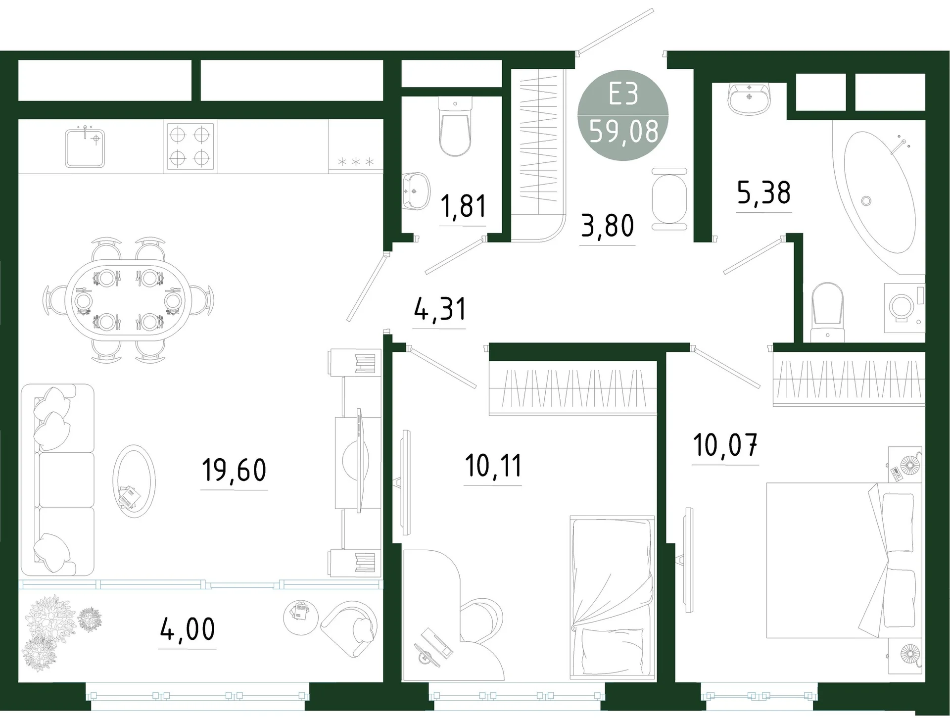 Планировка Квартира с двумя спальнями и гостиной 24 м² (Евро-3)