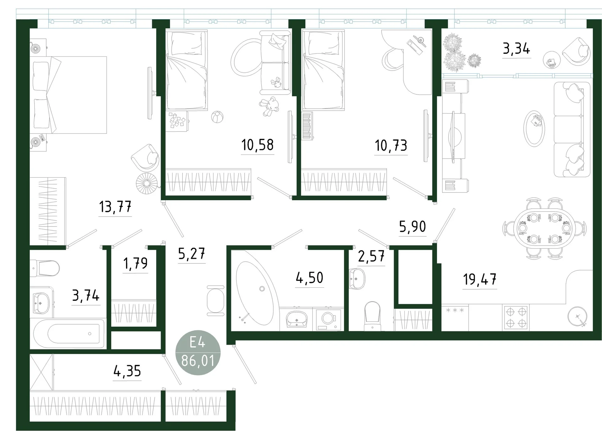Планировка Квартира с тремя спальнями и гостиной 23 м² (Евро-4)