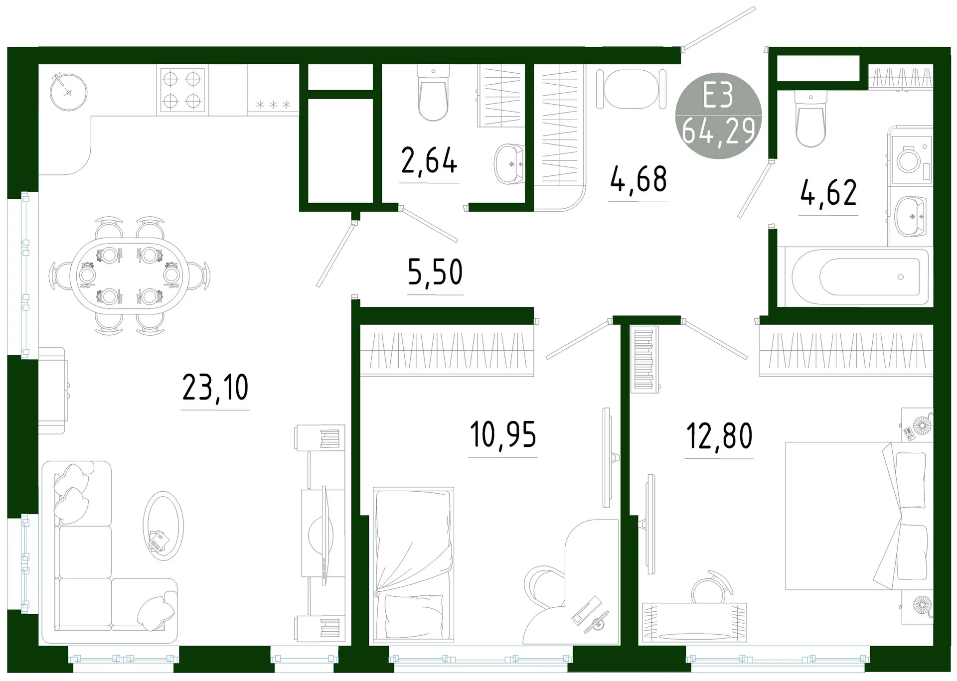 Планировка Квартира с двумя спальнями и гостиной 23 м² (Евро-3)